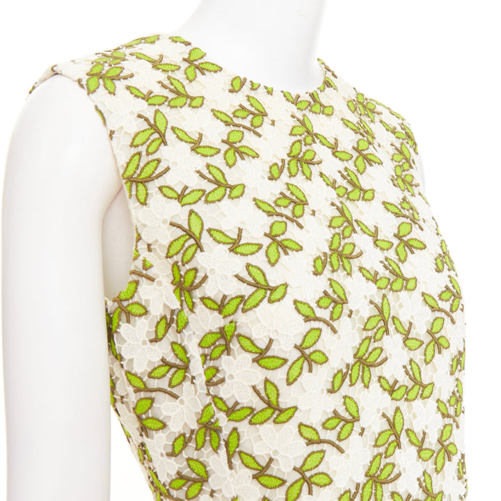 GIAMBATTISTA VALLI ivory green floral leaf embroidery anglais dress IT44 M