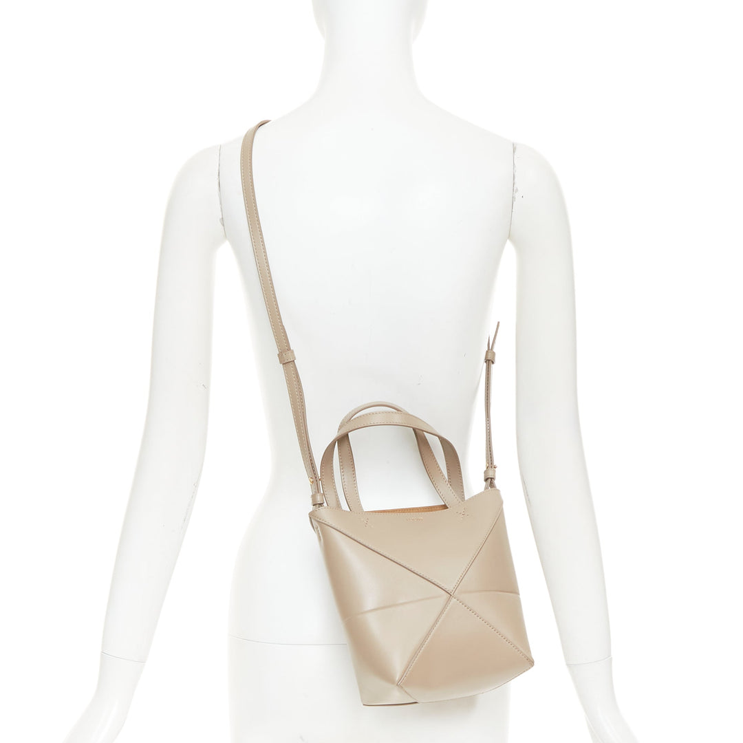LOEWE 2023 Mini Puzzle Fold Tote sand grey leather gold logo top handle bag