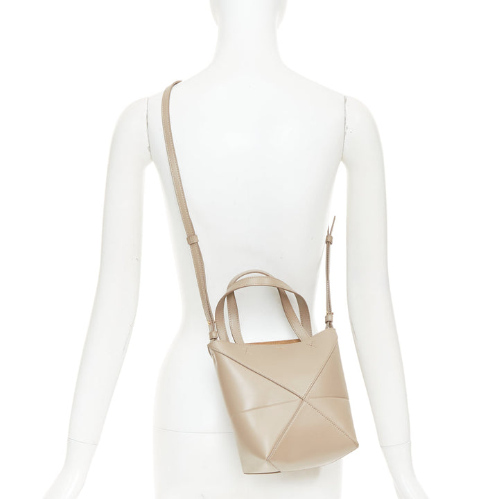 LOEWE 2023 Mini Puzzle Fold Tote sand grey leather gold logo top handle bag