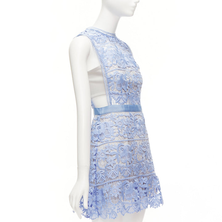 SELF PORTRAIT blue Guipure Lace grey overlay bandeau cut out dress UK10 M