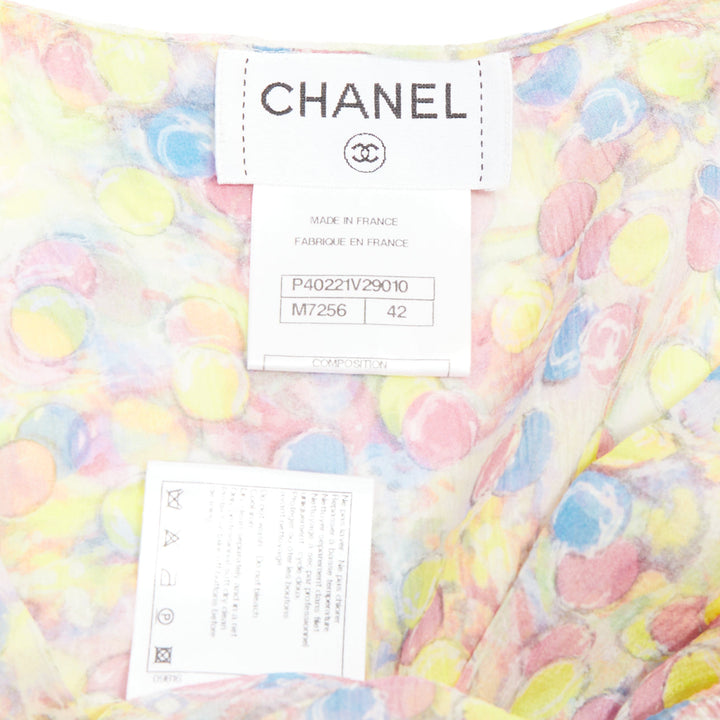 CHANEL 2011 100% silk Vintage circle pastel CC logo ruffle blouse FR42 XL