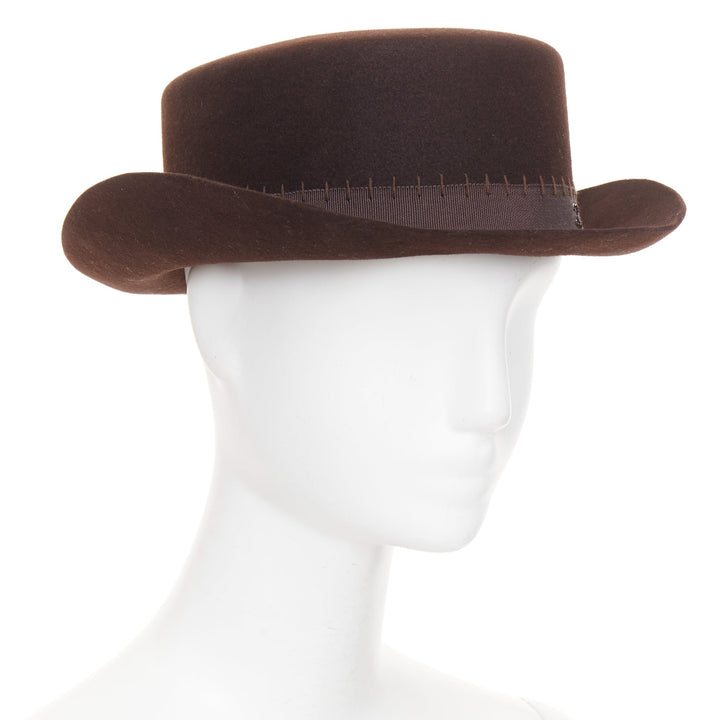 CHANEL 2014 Runway Paris-Dallas brown rabbit hair felt CC topstitch hat M