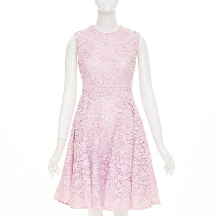 GIAMBATTISTA VALLI pink cotton blend  floral macrame lace flared dress IT42 M