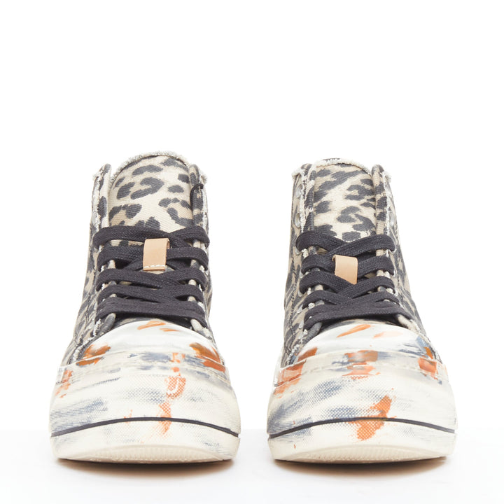 R13 Kurt beige grey leopard print orange paint effect platform high sneaker EU38