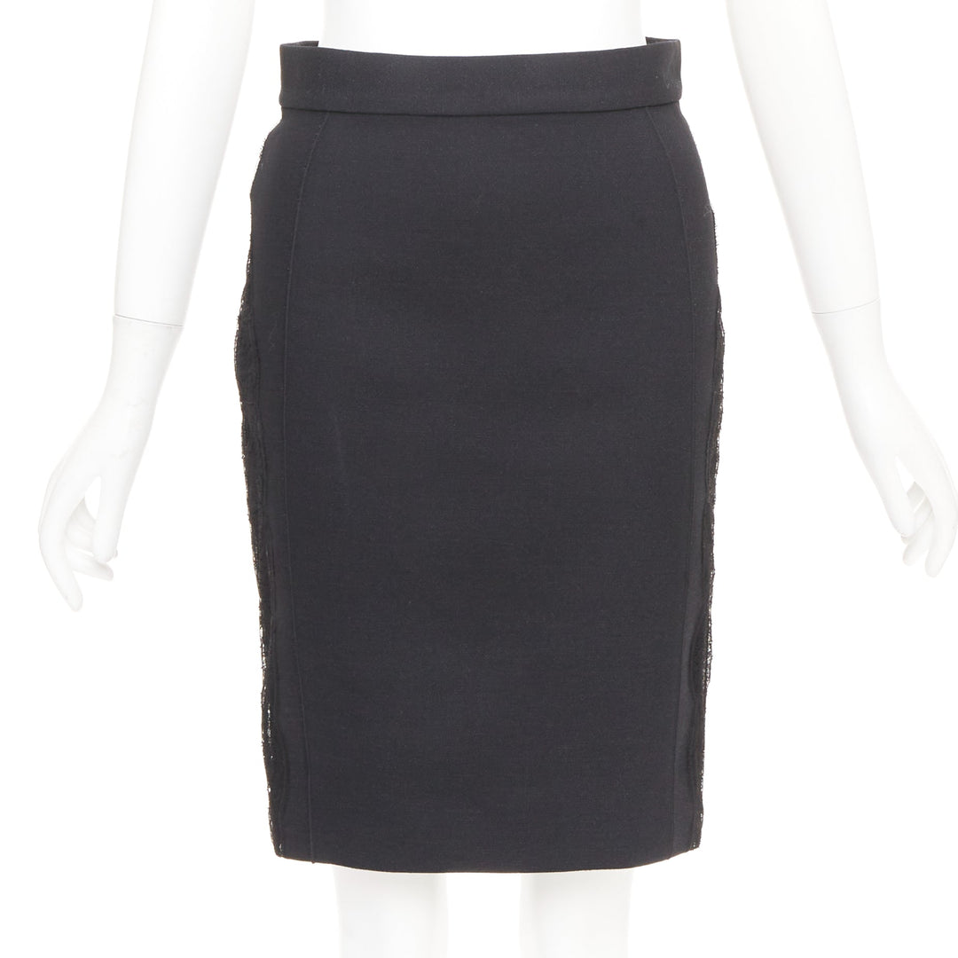STELLA MCCARTNEY black wool blend lace side panels cut out pencil skirt IT38 XS