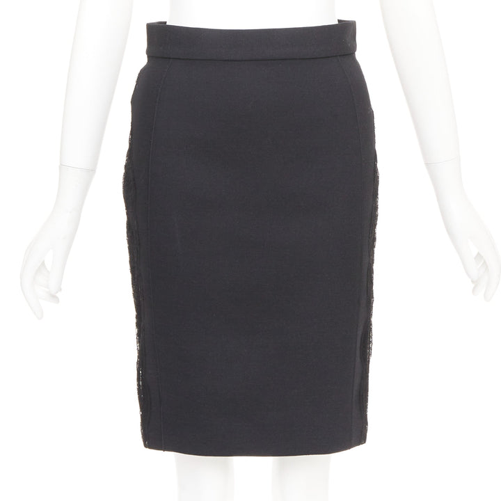 STELLA MCCARTNEY black wool blend lace side panels cut out pencil skirt IT38 XS
