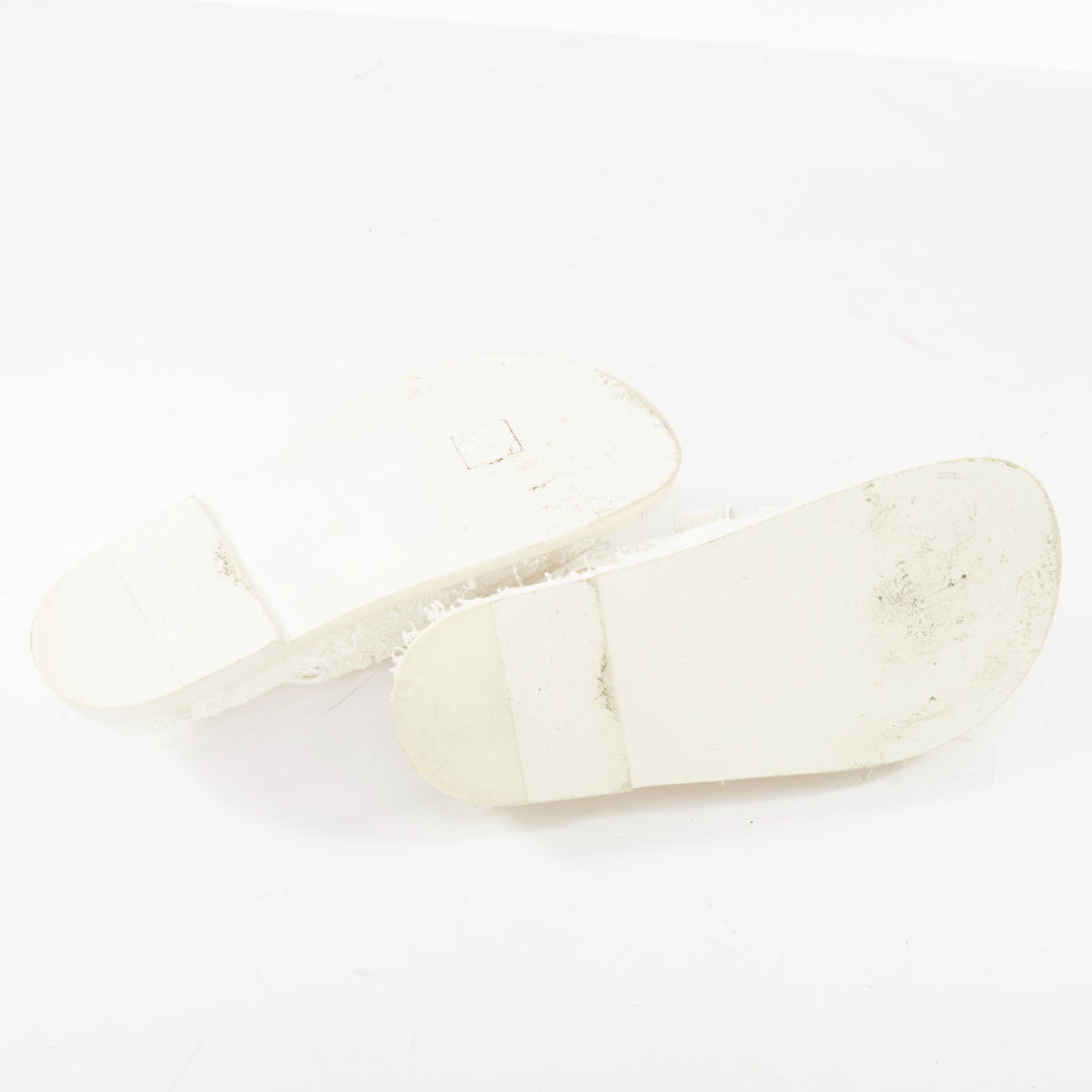 CHANEL 2021 frayed white tweed CC hook and loop open toe dad sandals EU37.5C