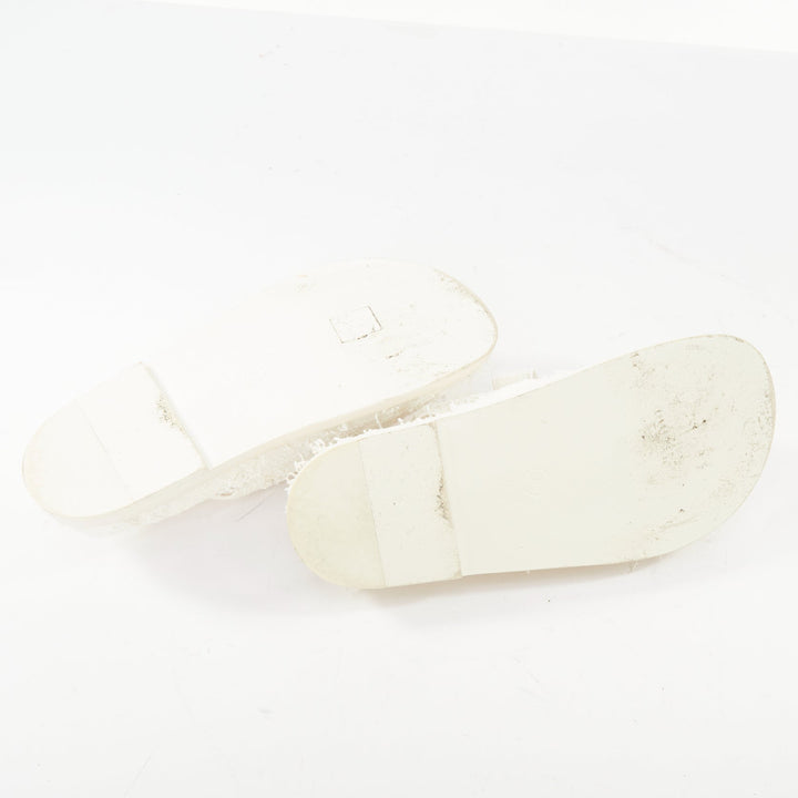 CHANEL 2021 frayed white tweed CC hook and loop open toe dad sandals EU37.5C