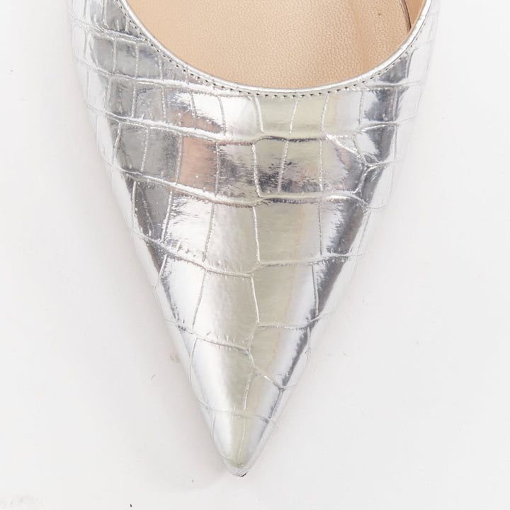 JIMMY CHOO Love mirrored silver croc embossed leather pointy pumps EU39.5