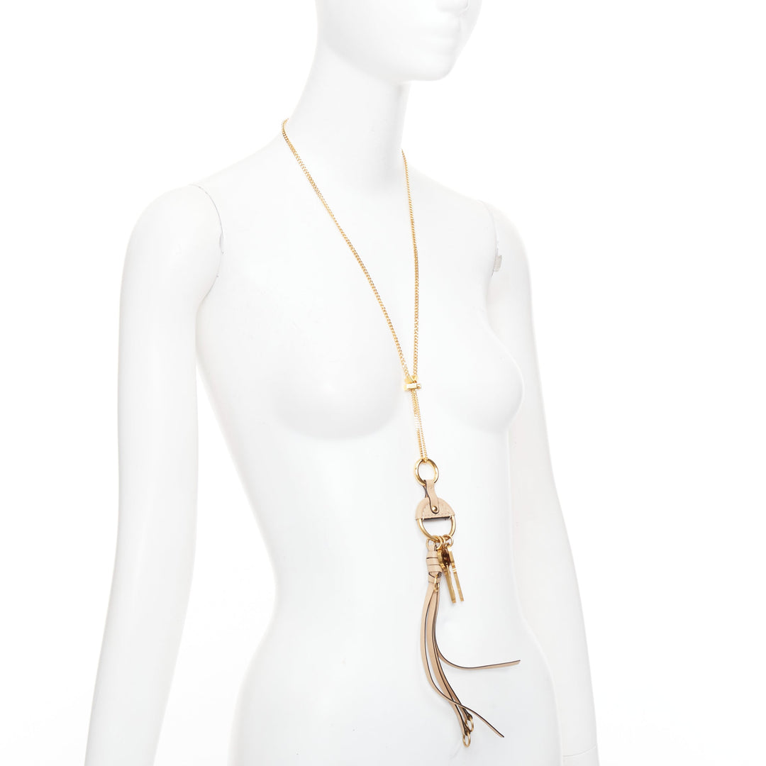 CHLOE Nicole brown leather gold Happy key chain bag charm long necklace
