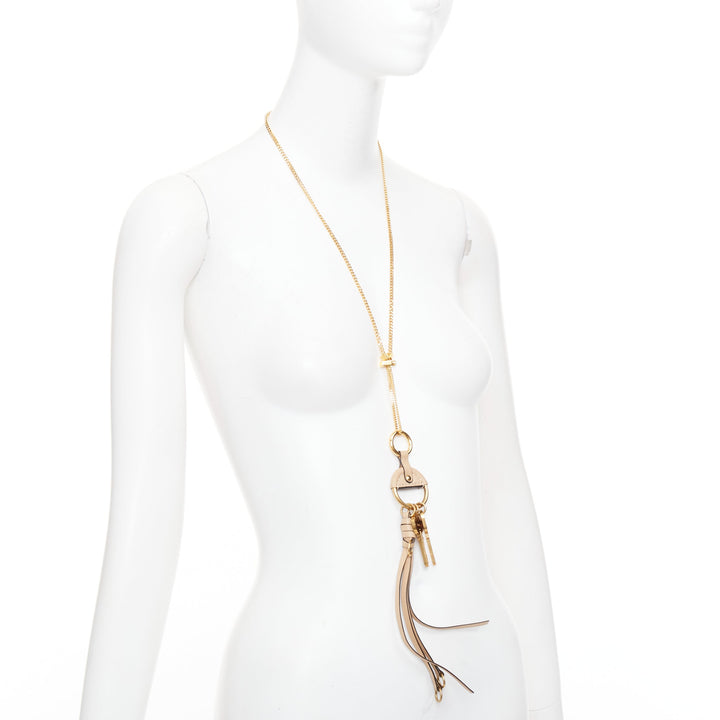 CHLOE Nicole brown leather gold Happy key chain bag charm long necklace