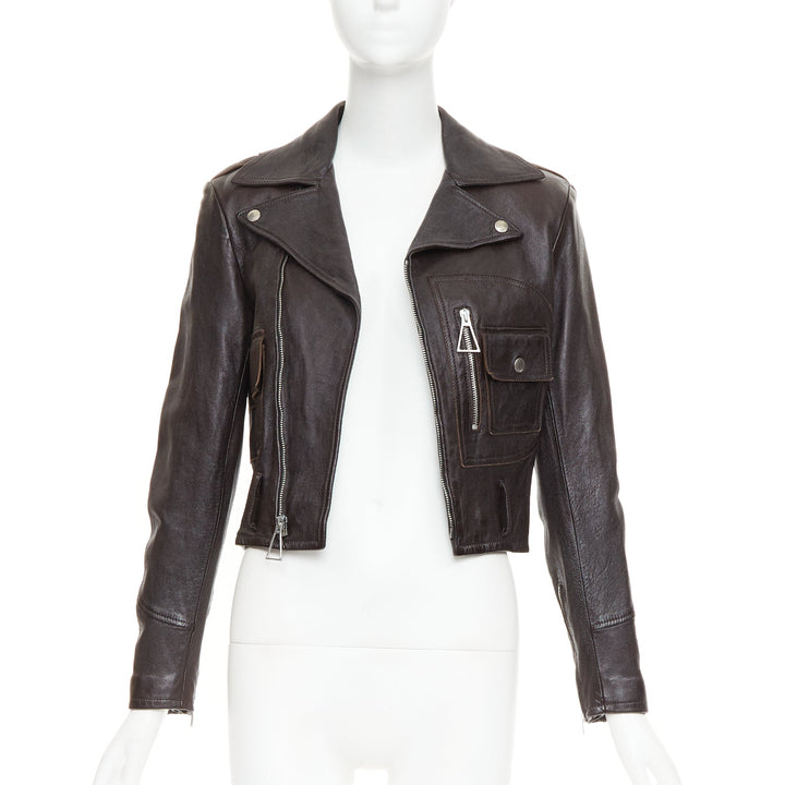 SAINT LAURENT 2016 black lambskin triangular zipper cropped biker jacket FR38