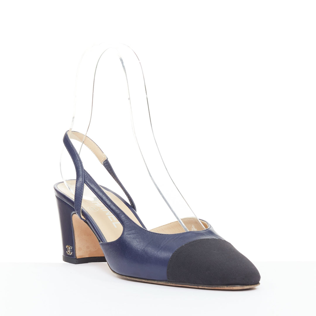 CHANEL navy blue leather black grosgrain cap toe slip on slingback pumps EU38