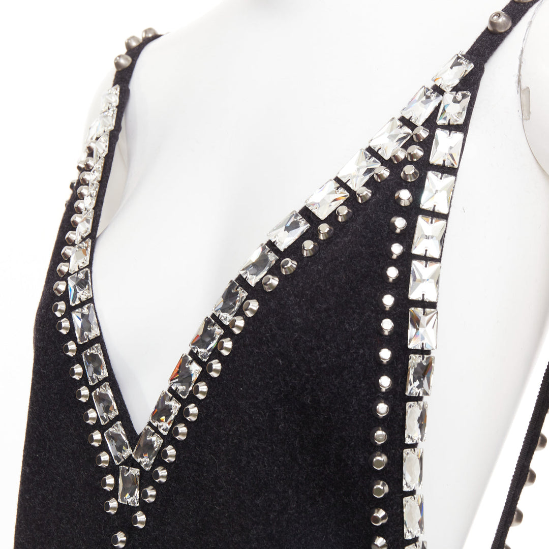 rare MIU MIU 2021 Runway charcoal wool crystal stud chainmail slip dress IT38 XS