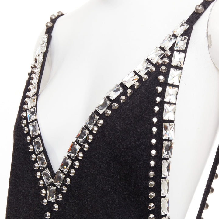 rare MIU MIU 2021 Runway charcoal wool crystal stud chainmail slip dress IT38 XS