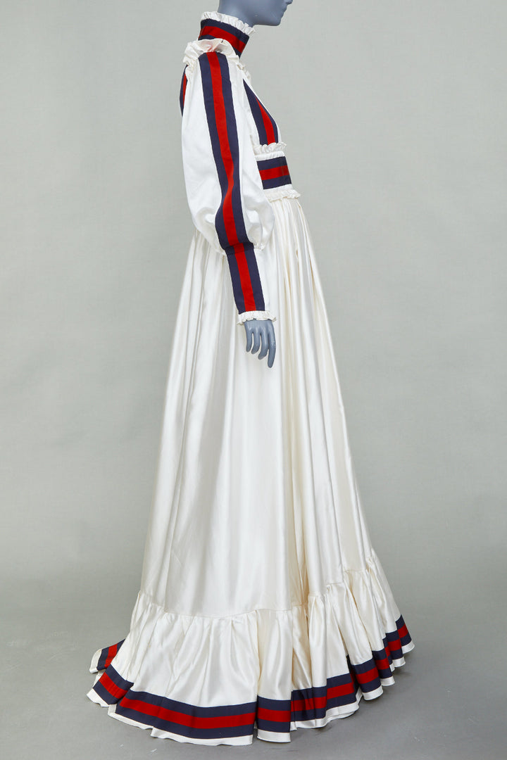 rare GUCCI 2022 Runway Victorian ivory web trim silk  duchesse maxi gown IT40 S