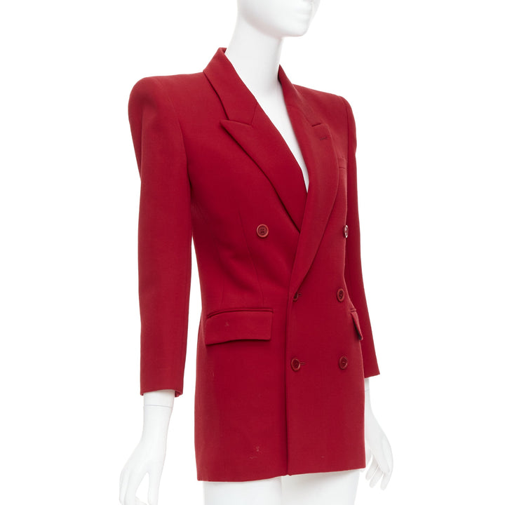 SAINT LAURENT 2022 Runway red wool power shoulder blazer jacket FR34 XS