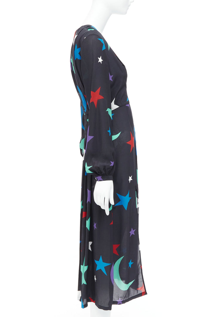 RIXO LONDON Constellation 100% silk black star print V neck dress S