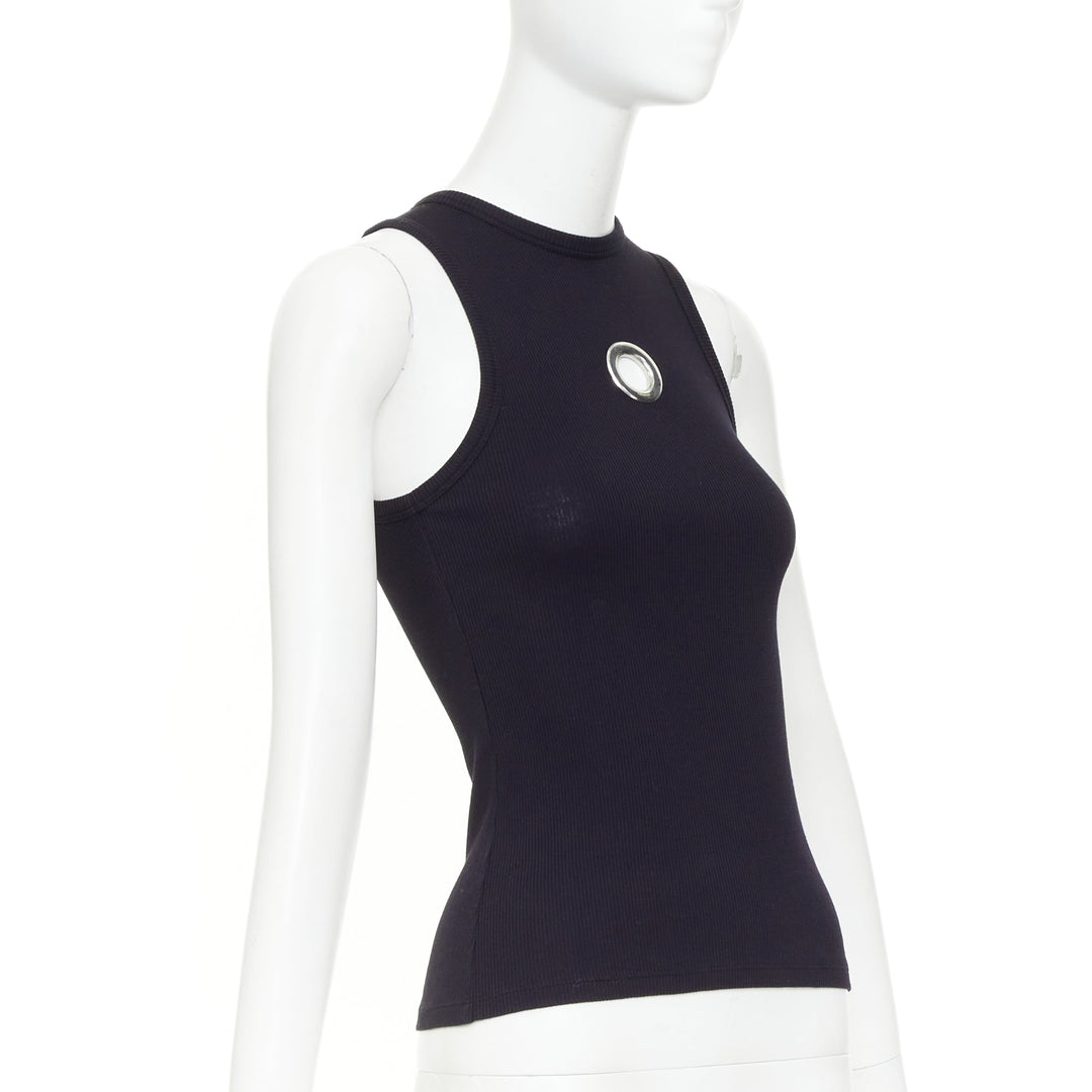 RABANNE silver black single grommet eyelet crew neck organic cotton tank top XS
