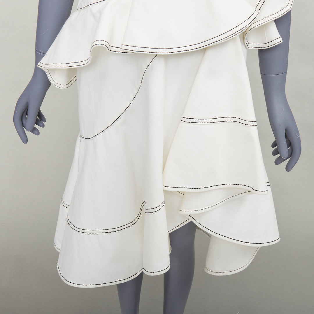 ALEXANDER MCQUEEN 2019 cream denim black topstitch ruffle peplum dress IT40 M