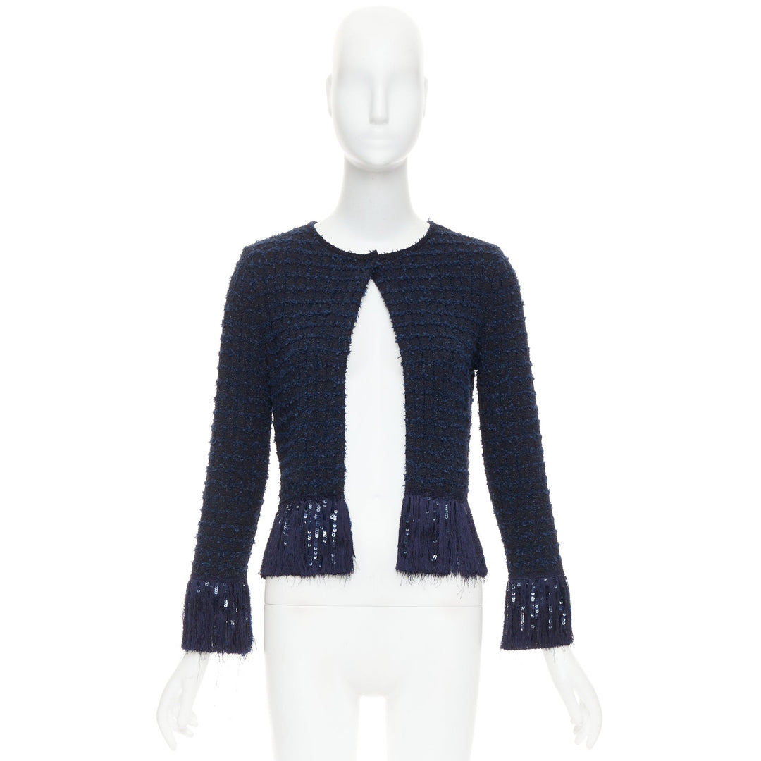 OSCAR DE LA RENTA 2023 navy blue wool tweed sequin fringe hem jacket XS