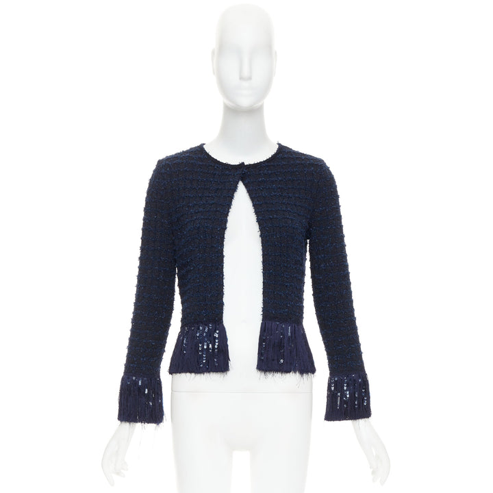 OSCAR DE LA RENTA 2023 navy blue wool tweed sequin fringe hem jacket XS