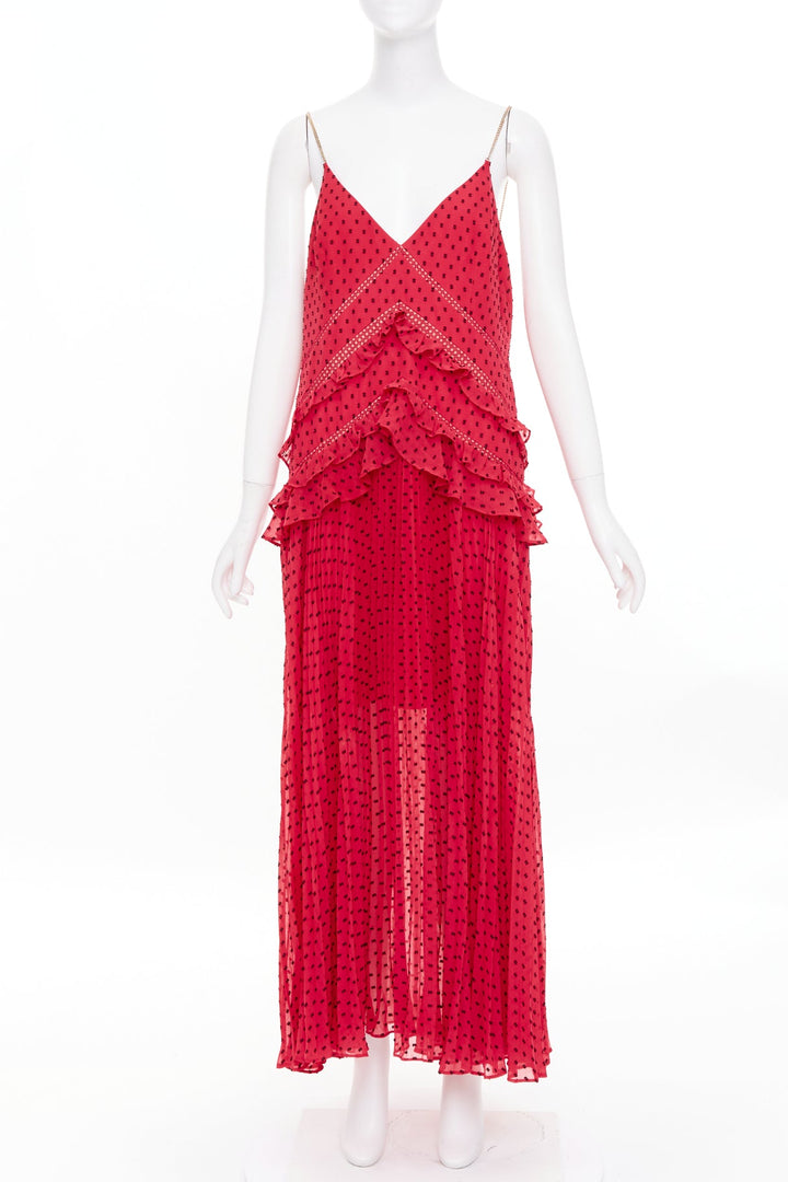 SELF PORTRAIT fuchsia red plumetis polka dot pleated tiered ruffle dress UK14