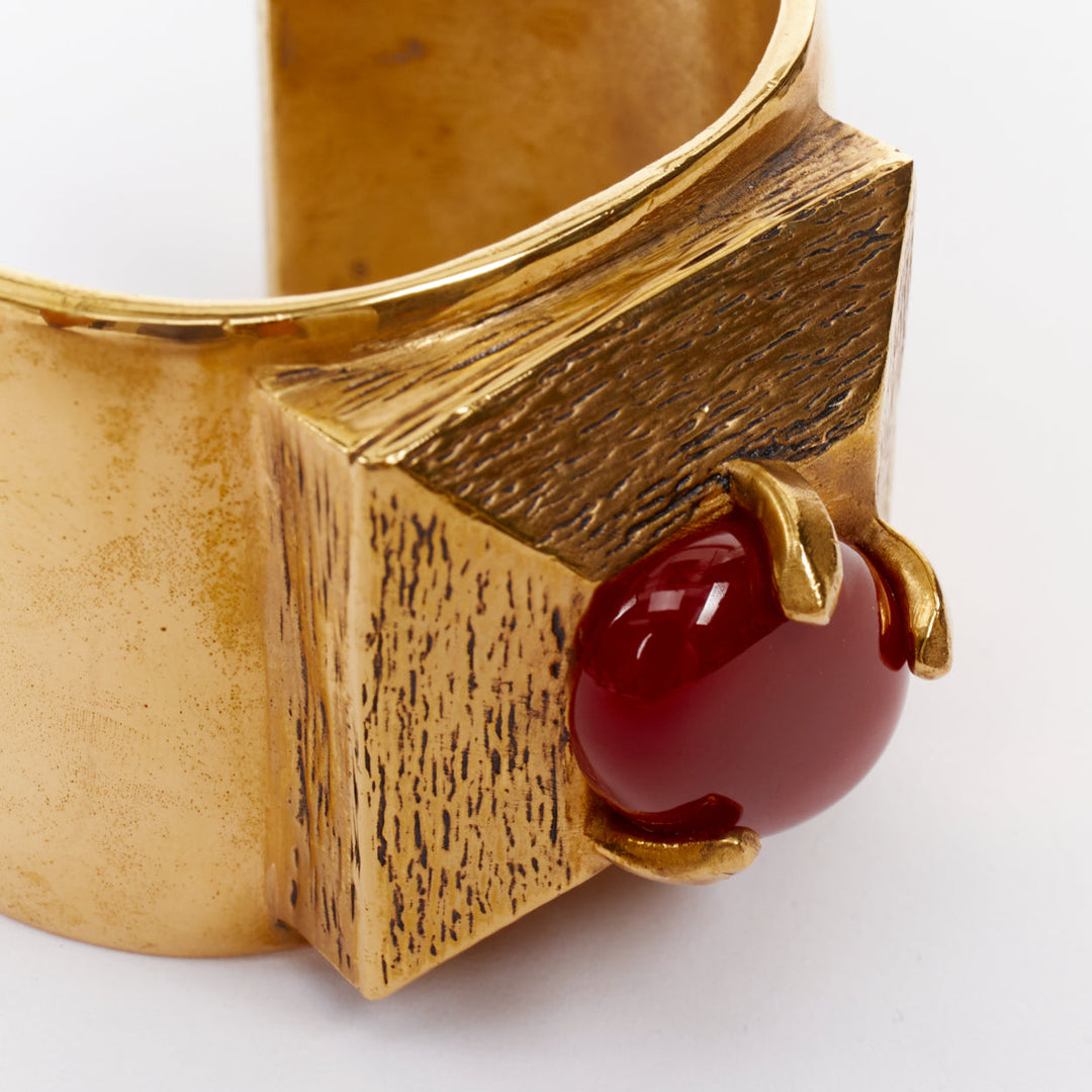 SAINT LAURENT 2022 Runway S Rouge Dore Carnelian Stone gold brass cuff bracelet