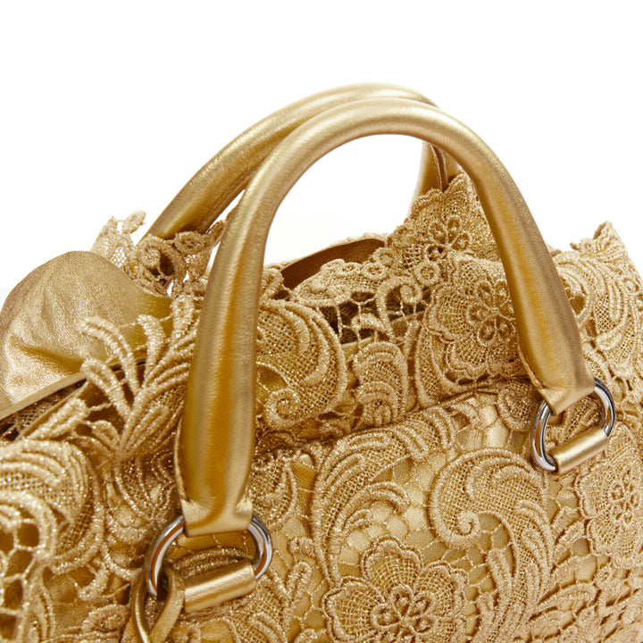 PRADA 2008 Runway Gold Oro Lace Pizzo gold macrame lace bar handle Bowler bag