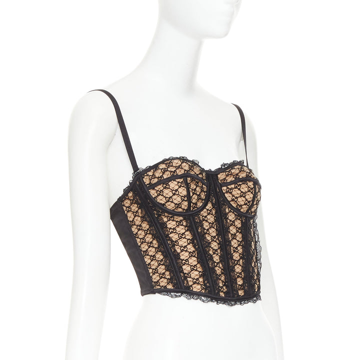 GUCCI 2022 Runway Aria black beige GG monogram net lace corset bustier top M