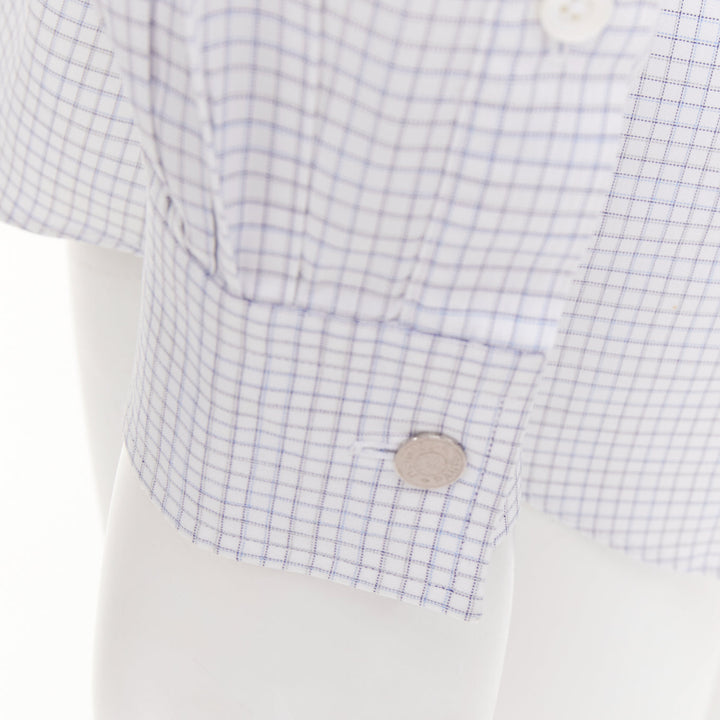 HERMES white blue small checked cotton collared shirt EU39 M