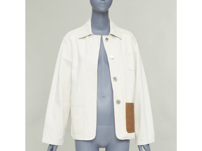 LOEWE JW ANDERSON Anagram brown leather pocket cotton linen work jacket FR34