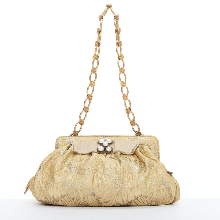 DOLCE GABBANA gold metallic floral jacquard rosette chain shoulder bag