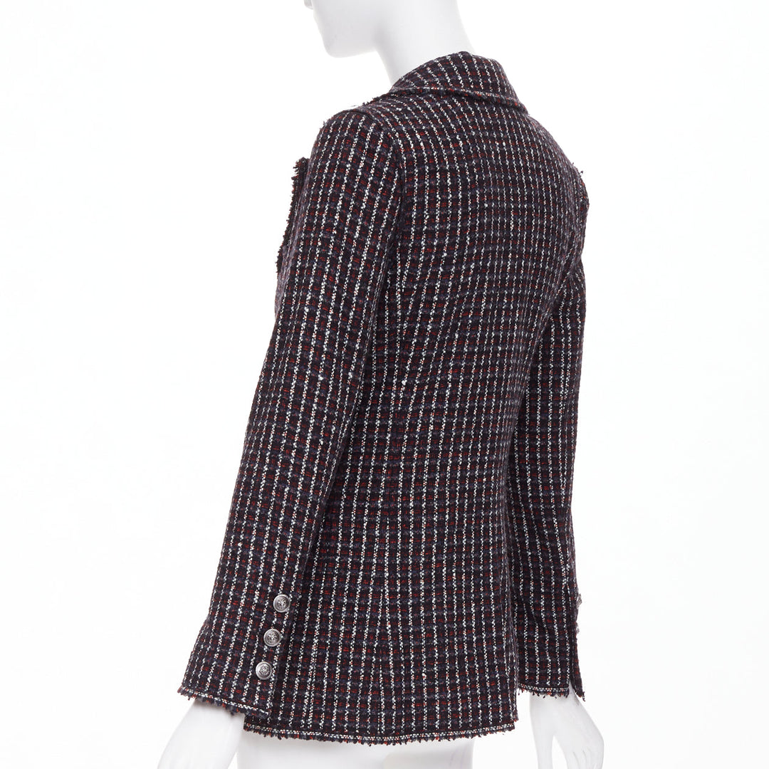 CHANEL 2008 burgundy navy check striped tweed cashmere wool fringe blazer FR42 L