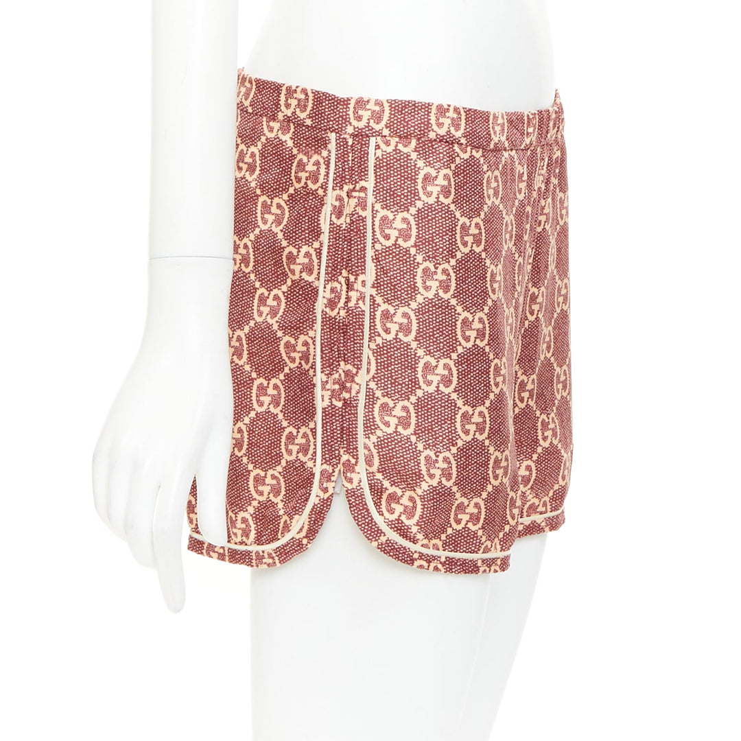 GUCCI red beige silk twill GG Supreme monogram satin trimmed pajama shorts XXS