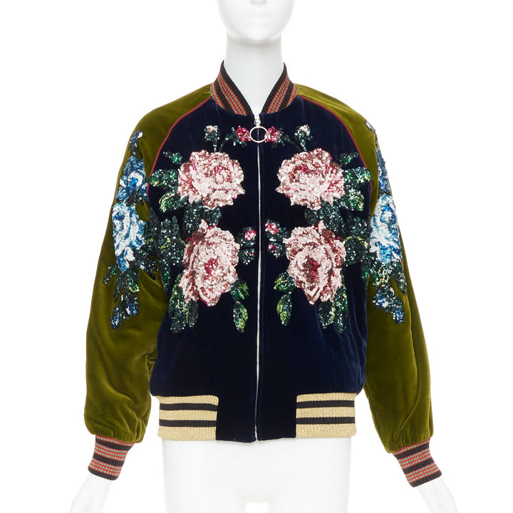 GUCCI Alessandro Michele 2017 navy olive rose sequin velvet bomber jacket IT40 S
