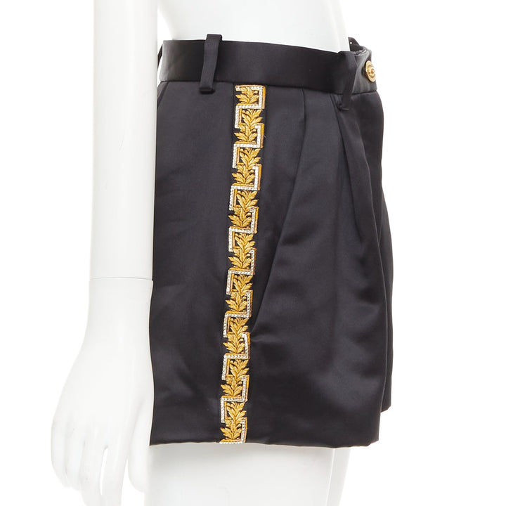 VERSACE black gold Greca embroidered crystal trim mini short shorts IT40 S
