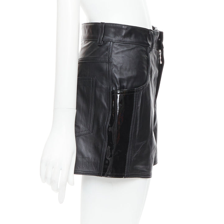 MANOKHI black genuine leather patent patch high waisted shorts FR34 XS