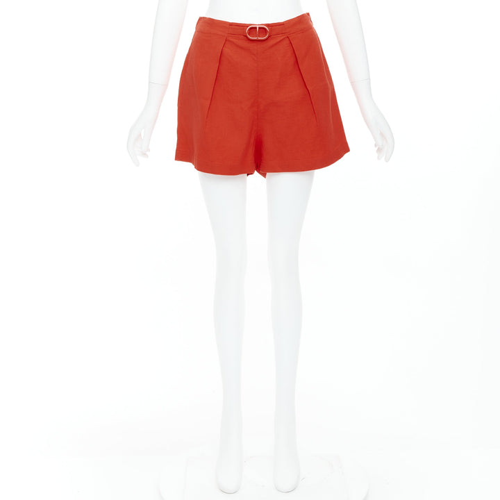 HERMES Chaine D'Ancre red cotton blend buckle pleated shorts FR36 S