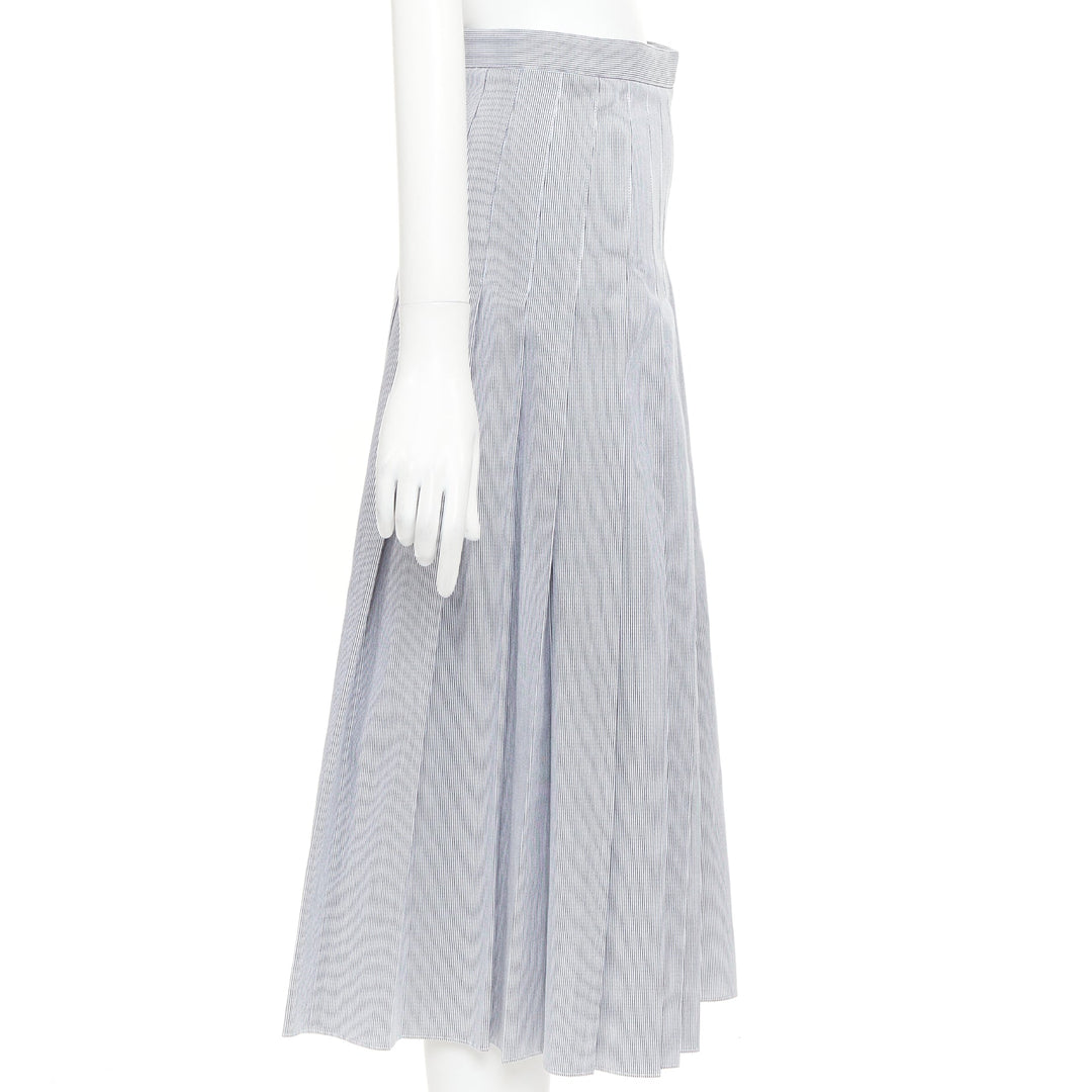 CELINE black white cotton striped box pleated high waist midi skirt FR36 S