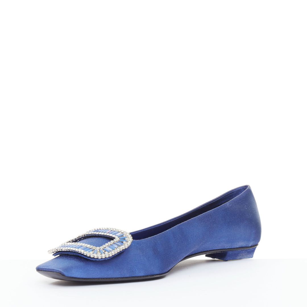 ROGER VIVIER Dec Belle Strass cobalt blue satin crystal buckle flats EU37.5