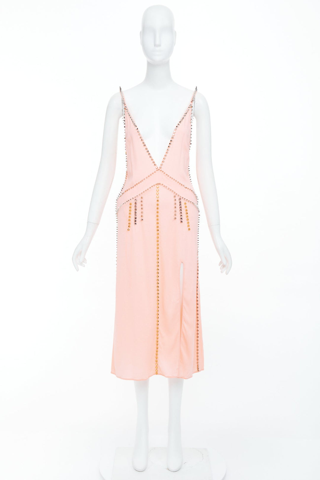 rare MIU MIU 2021 pink punk spike studded embellished plunge neck dress IT36 XXS