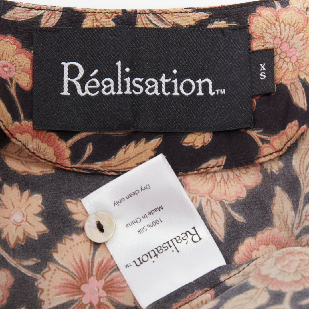 REALISATION Monica silk brown black floral shell buttons puff sleeve dress XS