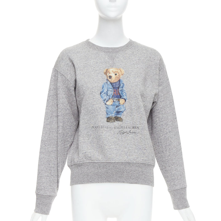 POLO RALPH LAUREN Andover Heather Denim Bear print crew sweat pullover S