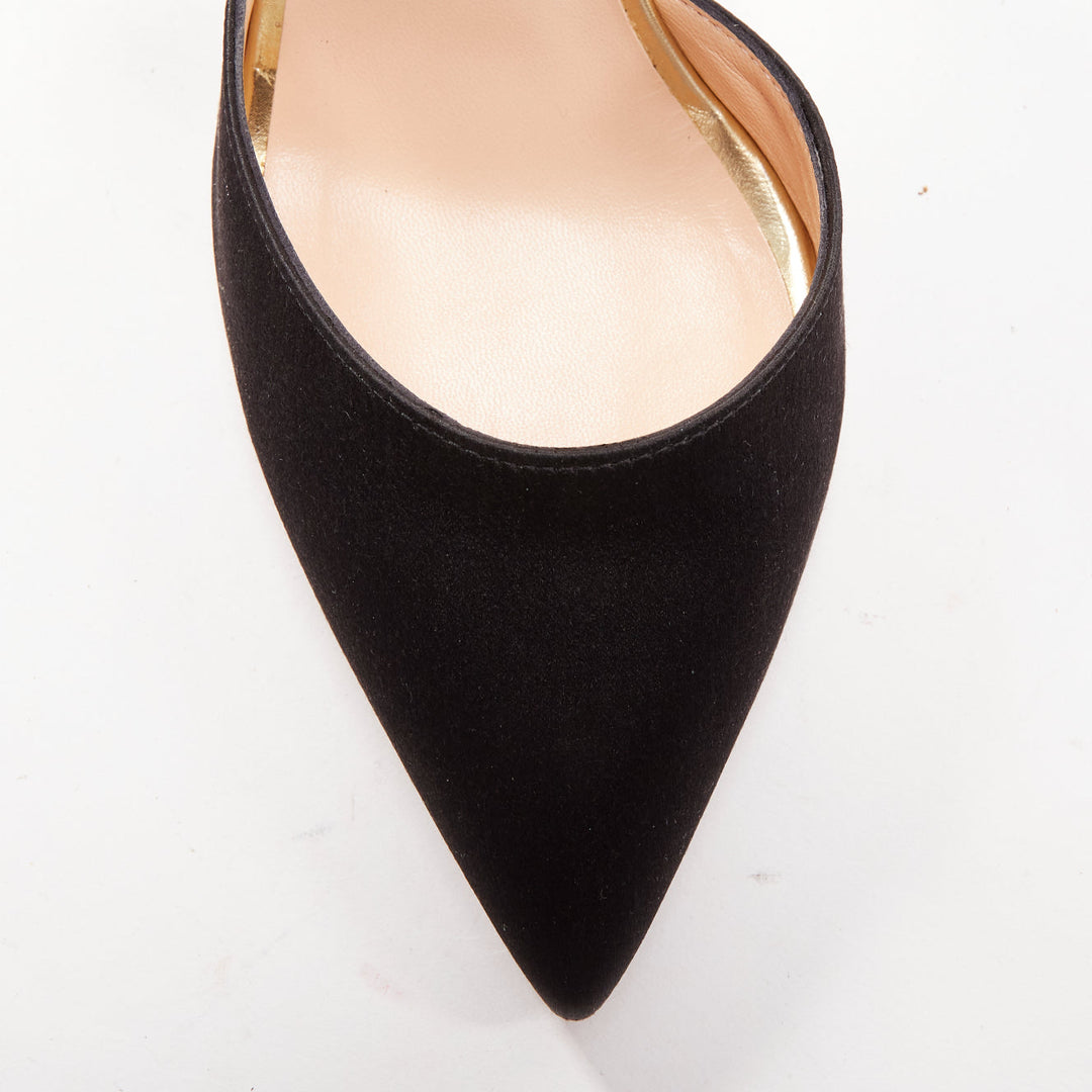 RUPERT SANDERSON Arletta black satin gold buckle heels pumps EU35.5