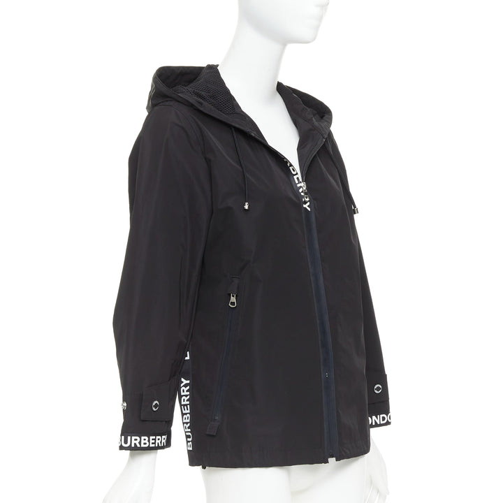 BURBERRY black nylon logo trim hooded windbreaker jacket IT34 XXS