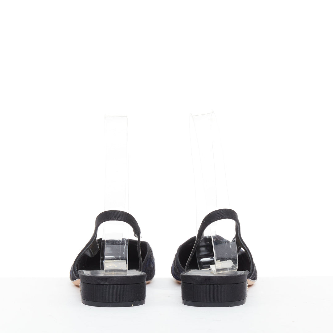 CHANEL navy black lace silver CC logo lace grosgrain slingback ballet flat