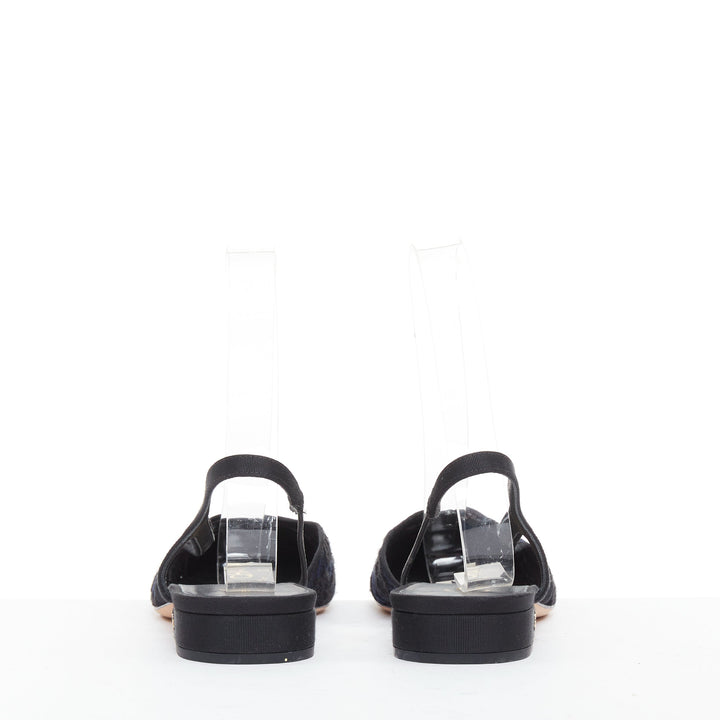 CHANEL navy black lace silver CC logo lace grosgrain slingback ballet flat