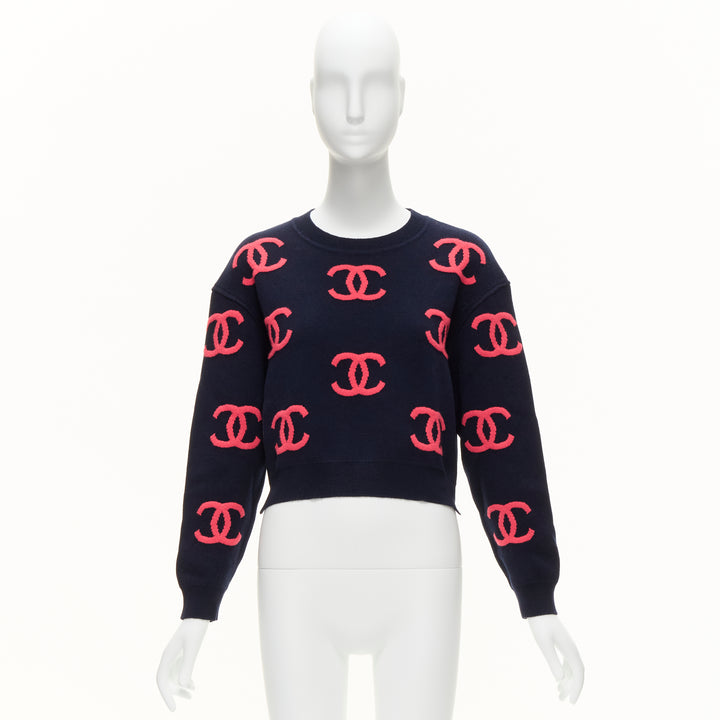 CHANEL 21P pink navy CC logo intarsia cashmere blend cropped sweater FR38 M