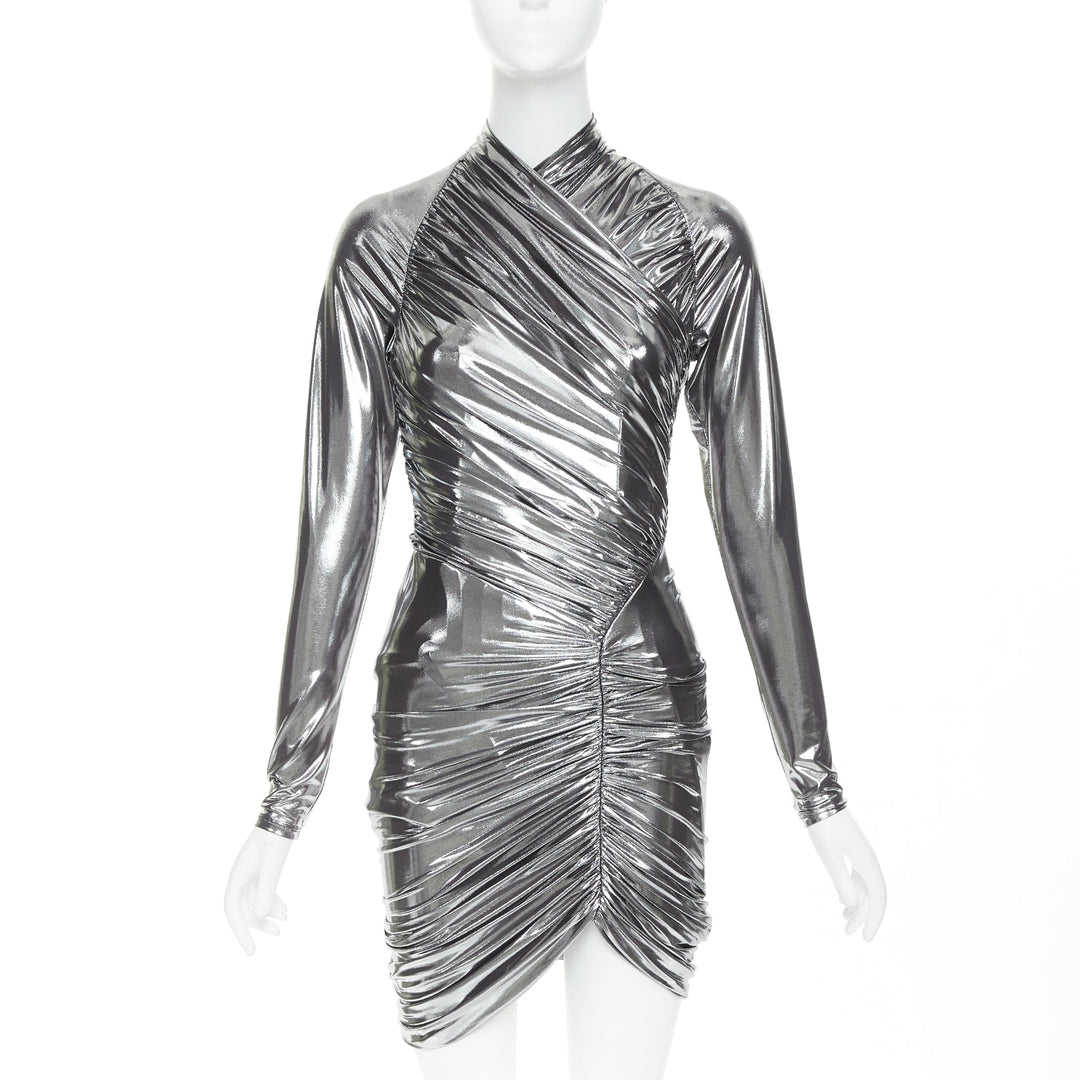 FERRAGAMO Maximilian Davis 2023 Runway metallic silver lame wrapped dress IT40 S